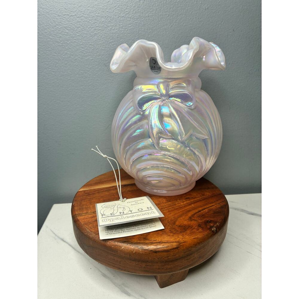 Fenton Opalescent Iridescent Bow Vase Ruffled Rim Handcrafted USA
